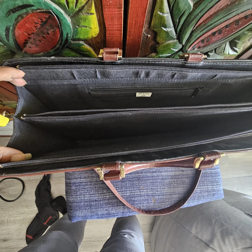 Vintage 1970s Brown Black Leather Briefcase Craftmanship Some Wear Gold Shield